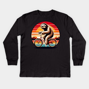 Sloth rides a bike at sunset Kids Long Sleeve T-Shirt